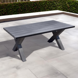 Aluminium outdoor dining table with cross leg in dark grey