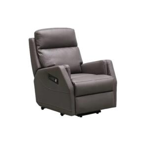 Leather lift chair with adjustable head and lumbar support.